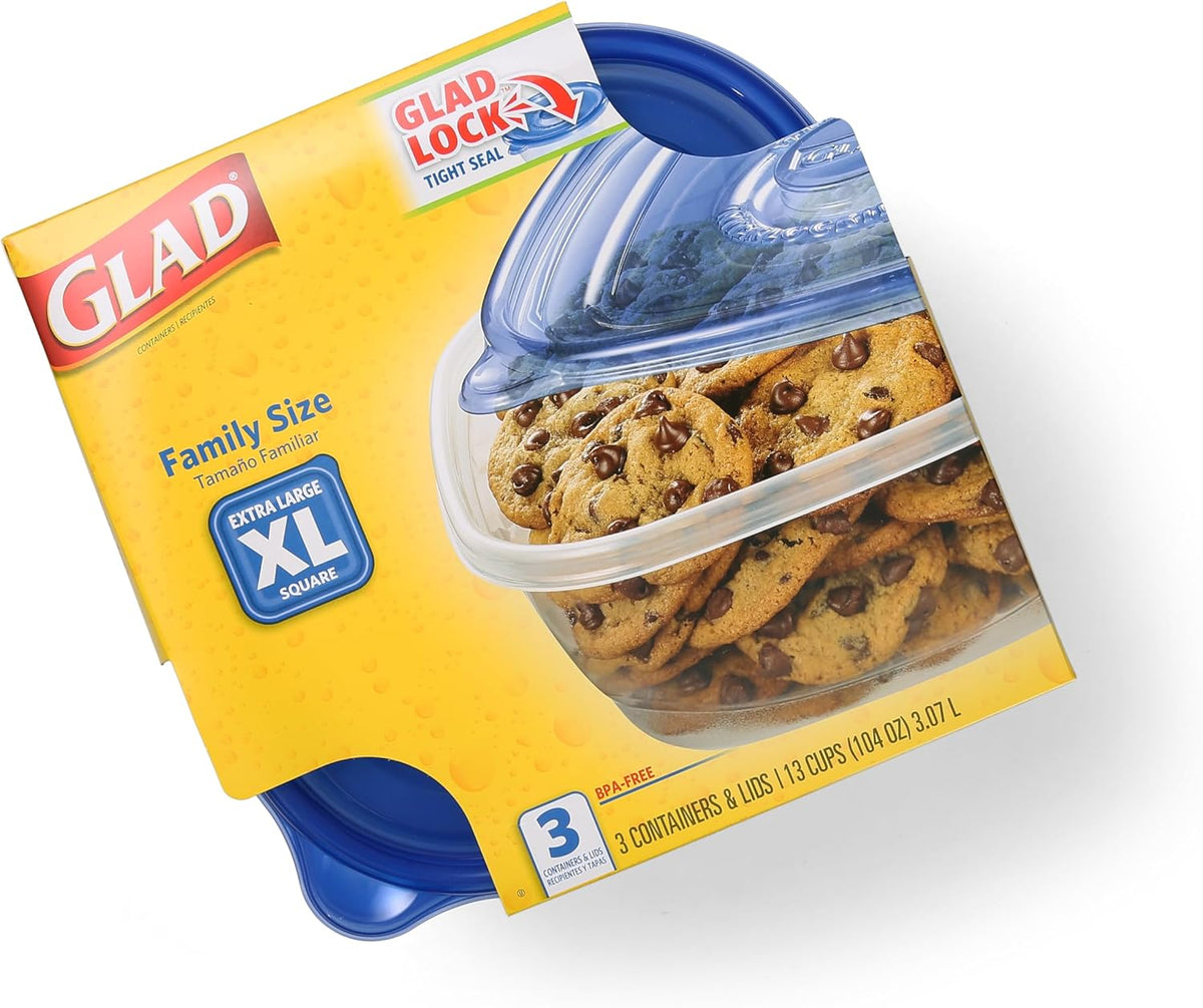 Glad GladWare Family Size Food Storage Containers, XL Square - Meal Container Holds up to 104 Ounces of Food - Lock Tight Seal, 3 Count