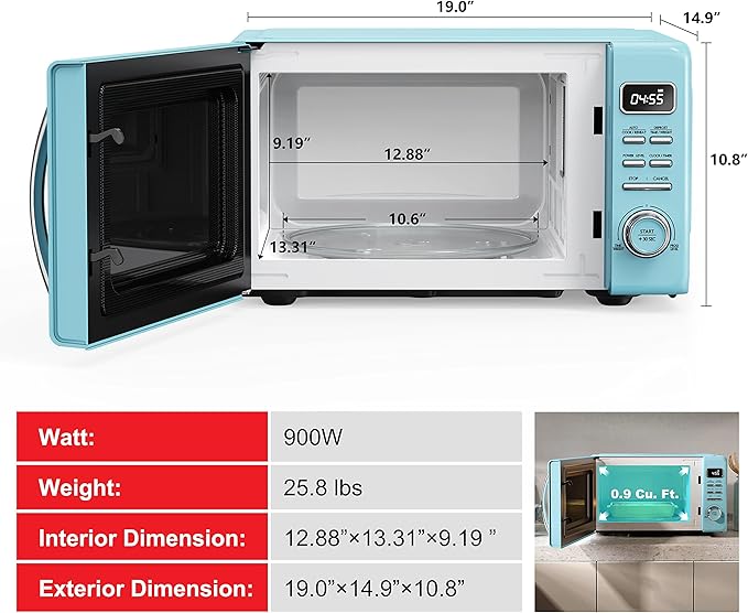Galanz GLCMKZ09BER09 Retro Countertop Microwave Oven with Auto Cook & Reheat, Defrost, Quick Start Functions, Easy Clean with Glass Turntable, Pull Handle, 0.9 cu ft, Blue