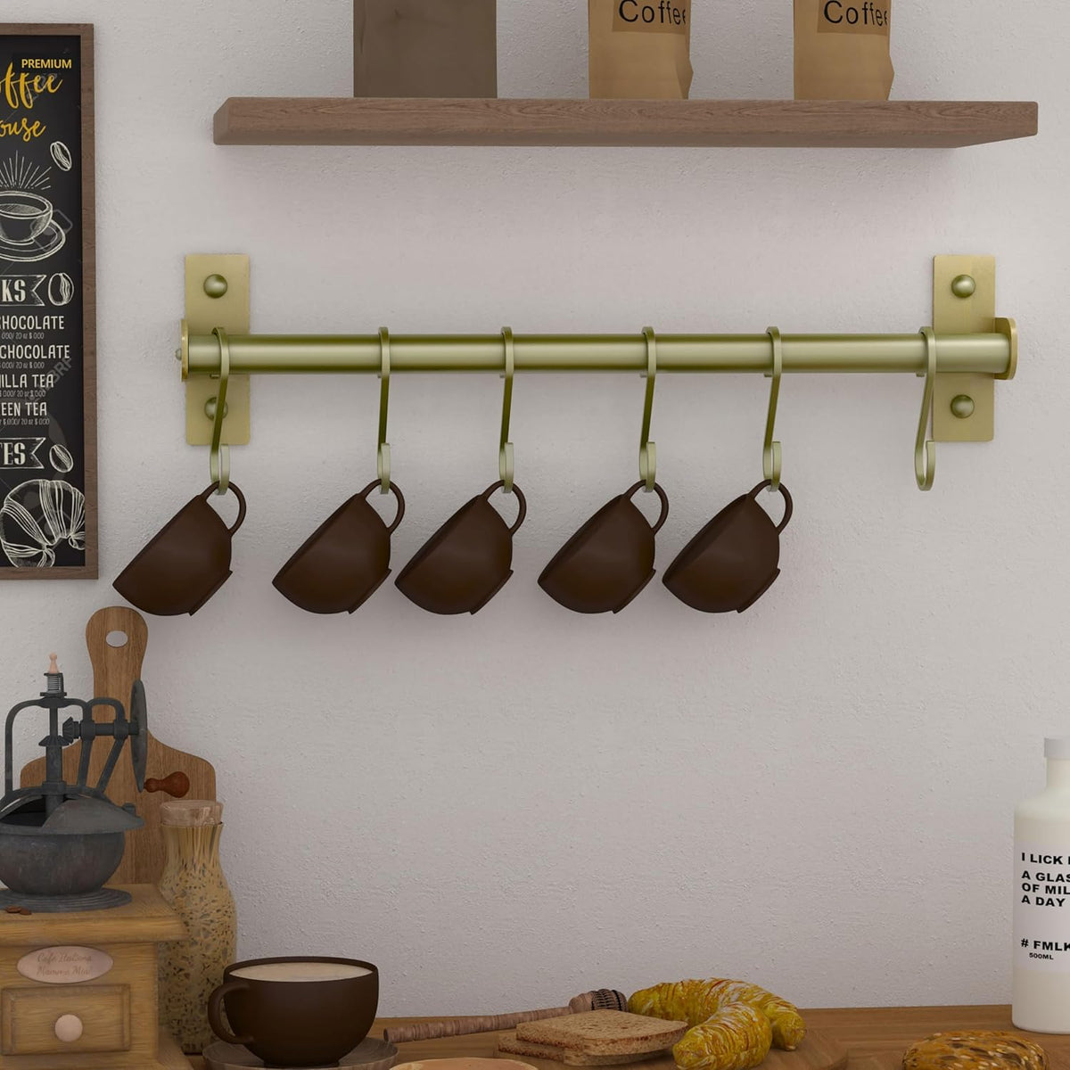 Dseap Kitchen Utensil Holder Hanger, Pot and Pan Rack Wall Mounted, Kitchen Rail with 8 Hooks for Hanging Cooking Utensils, Mugs, Spoons, Wall Mounted, Champagne Color