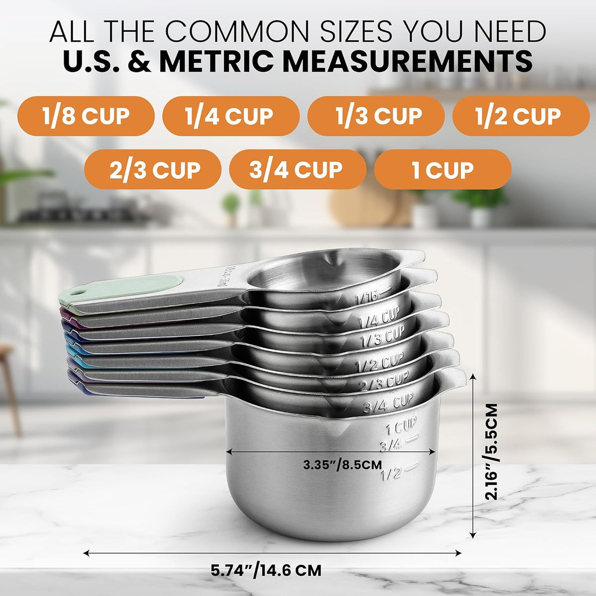 Spring Chef Magnetic Stainless Steel Measuring Cups, Patented, Kitchen Tools with Easy to Read Markings for Measuring Dry or Liquid Ingredients, Set of 7, Winter Frost