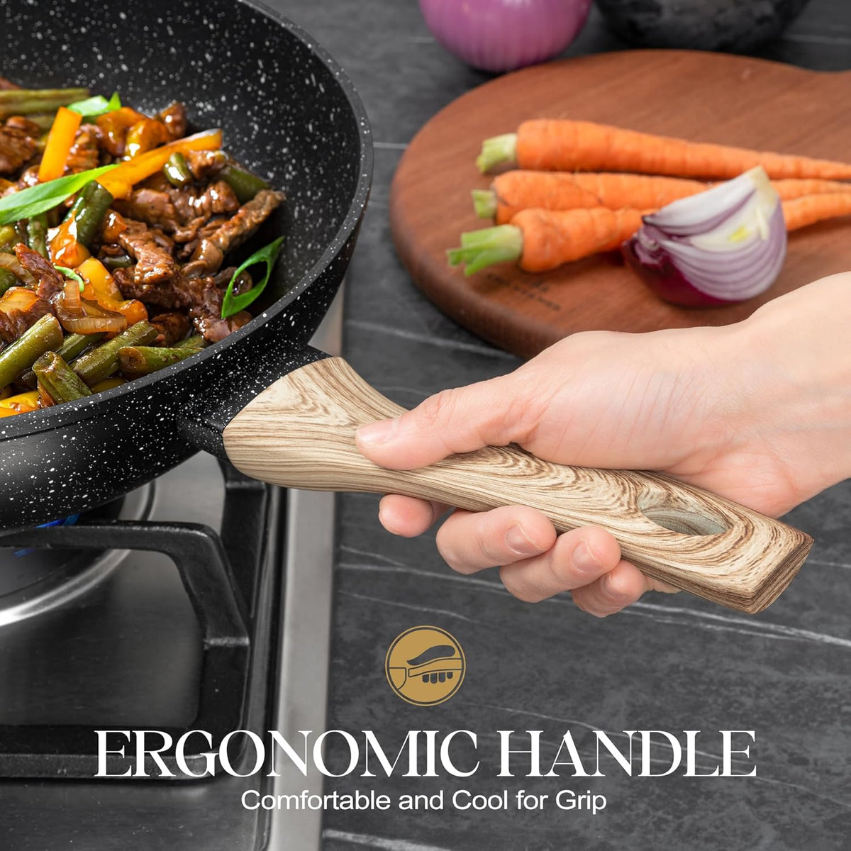 MICHELANGELO 12 Inch Wok Set - Woks & Stir-Fry Pans Nonstick Wok Pan with Lid, Induction Wok with Ergonomic Handle, Stainless Steel Steamer, Fryer Basket, Black