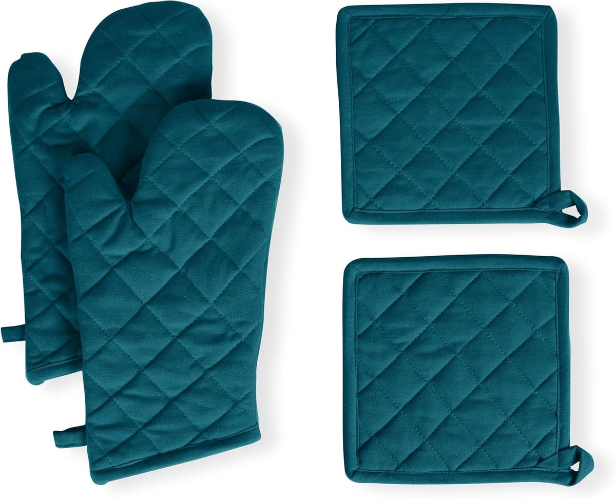 Native Fab Pot Holders and Oven Mitts Sets for Kitchen Heat Resistant - Hanging Non-Slip - 100% Cotton Kitchen Oven Mitts and Pot Holders 4 Piece Set - Teal