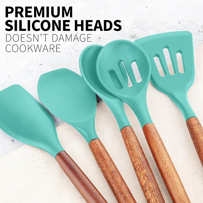 Zulay Kitchen Non-Stick Cooking Utensils Set with Authentic Acacia Wood Handles – 5-Piece Durable & Stylish Silicone Kitchen Utensils Set – Heat Resistant to 464°F – Mint