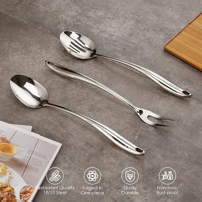 304 Stainless Steel Kitchen Utensil Set - 9 PCS Serving Utensils, Cooking Utensil, Solid Spoon, Slotted Spoon, Fork, Spatula, Ladle, Skimmer Spoon, Slotted Spatula Tunner, Spaghetti Spoon, Large Spoon