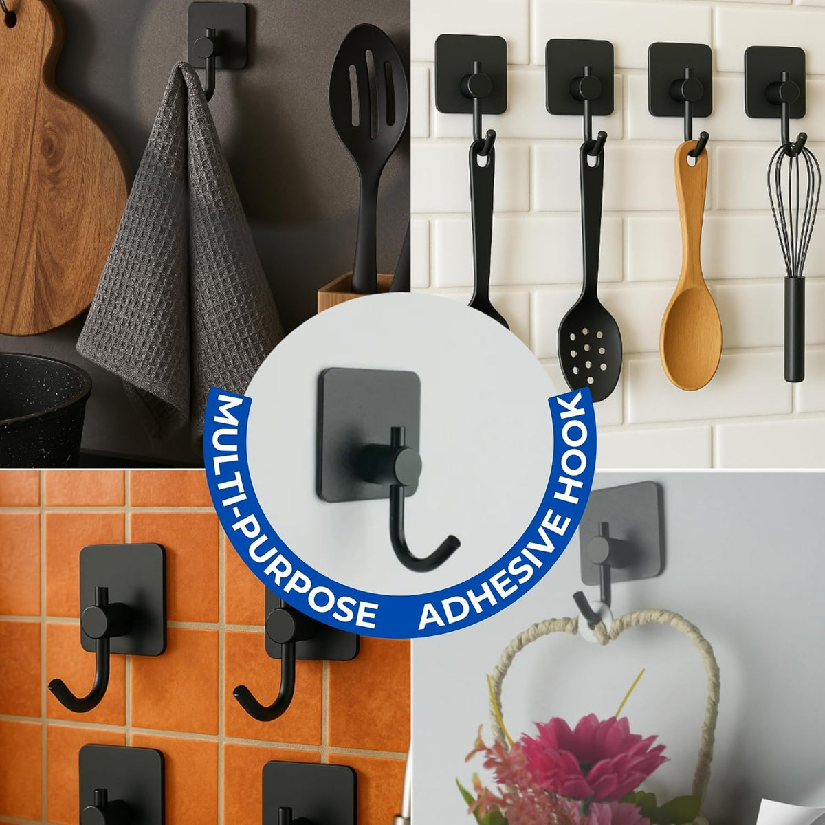 Adhesive Hooks for Hanging - 4 Pack, Towel Hooks Hanging Inside Shower, Rustproof Hooks for Walls No Damage Bathroom, Bedroom, Kitchen, Hotel, Office, Large Adhesive Hook (Black 2)