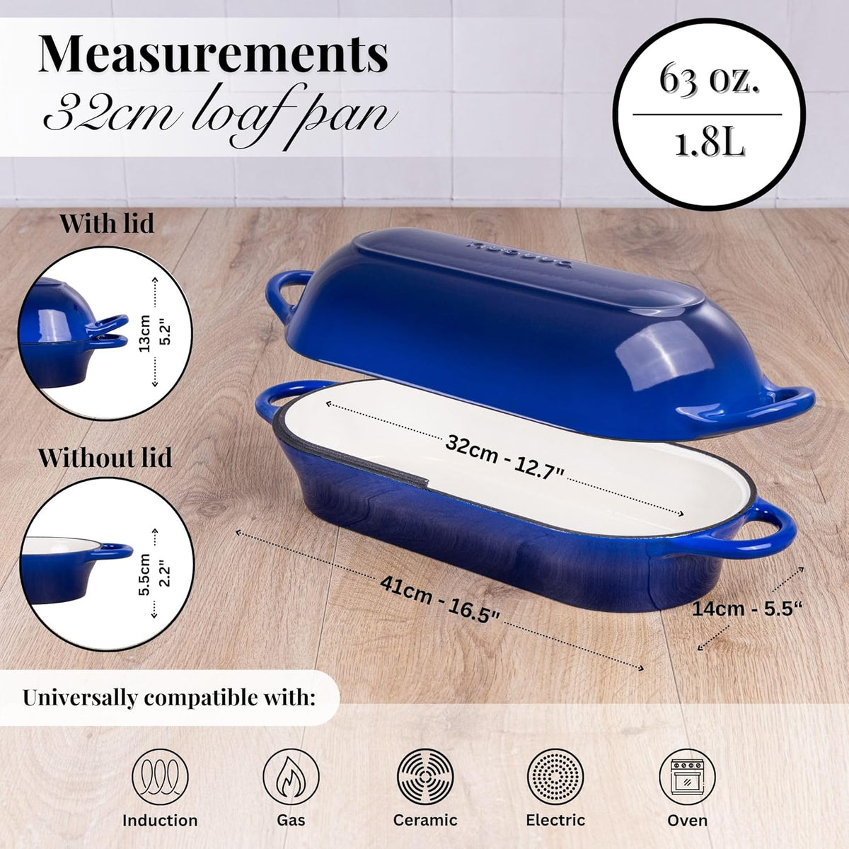 Enamelled Cast Iron Bread Loaf Pot – Dutch Oven For Sourdough Bread Baking – Oven Safe Non Stick Bread Pot – Rectangular, Dark Blue, 34cm x 16cm – by Nuovva
