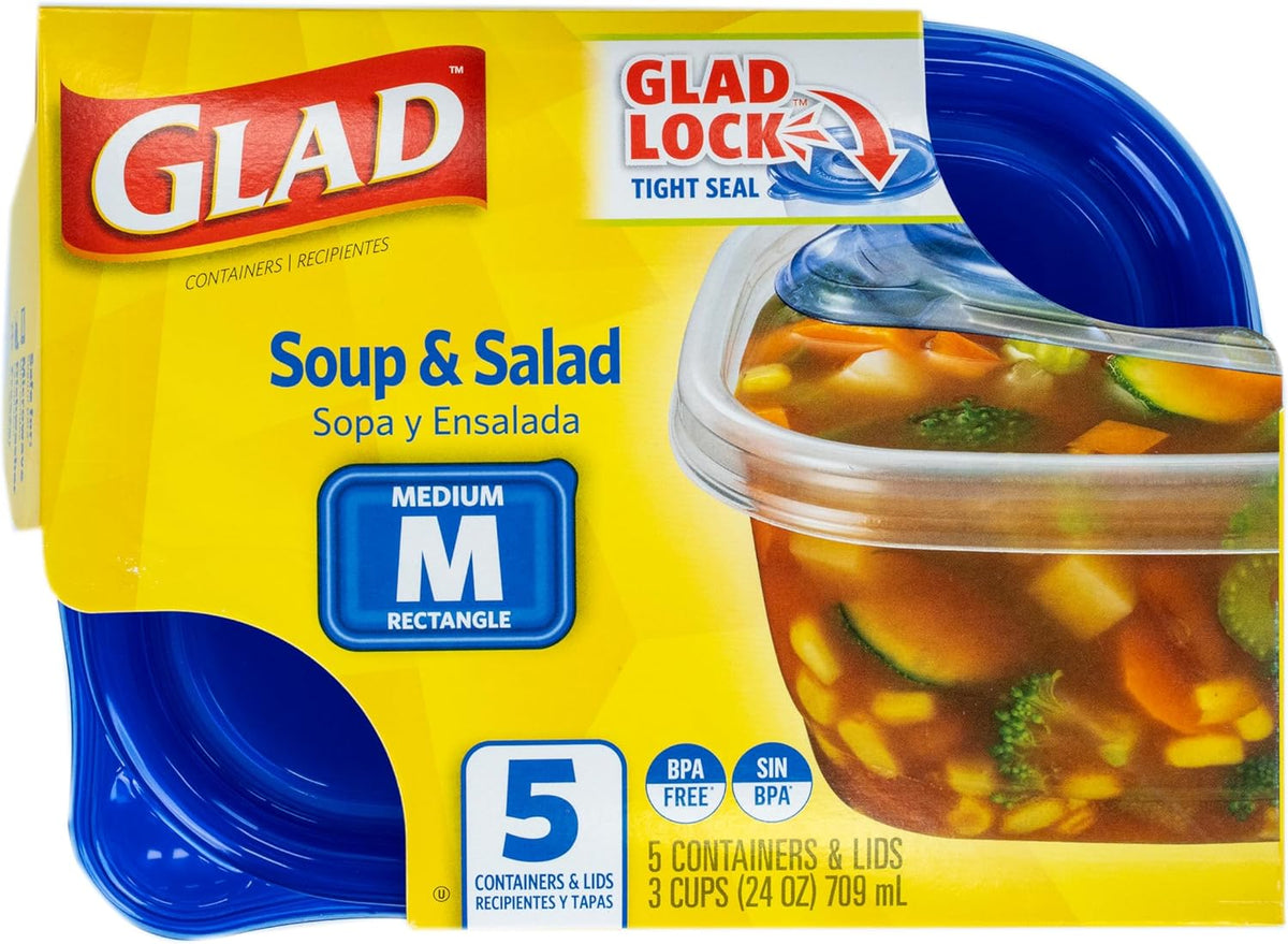 Glad GladWare Soup & Salad Food Storage Containers - Medium Rectangle - Meal Container Holds up to 24 Ounces of Food - Lock Tight Seal, 5 Count