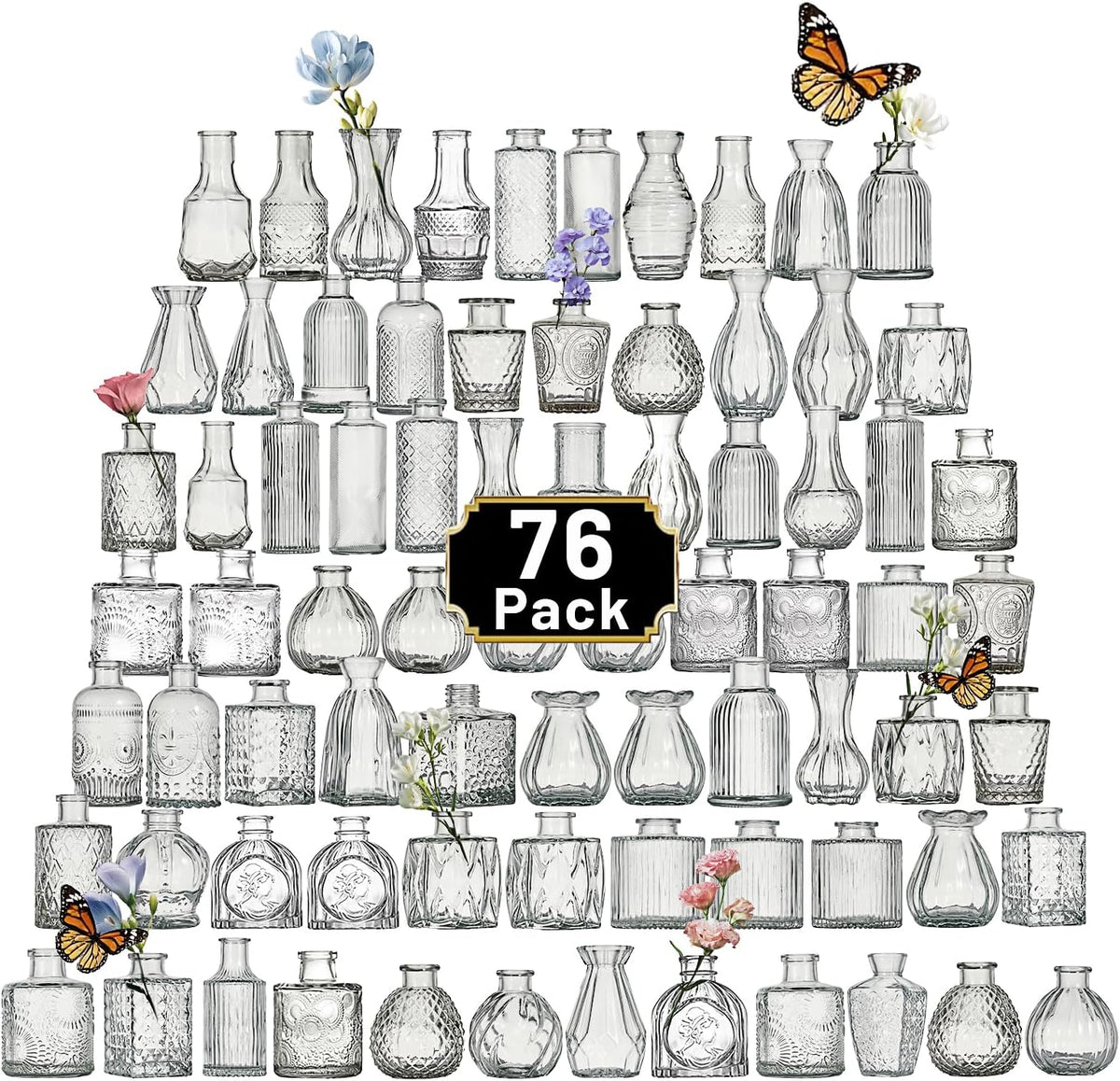 Glass Bud Vase Set of 76 Pcs Small Minimalist Vases for Flowers, Vintage Rustic Home Decor for Table Centerpiece Wedding Party, Modern Clear Aromatherapy Bottle for Living Room Bedroom