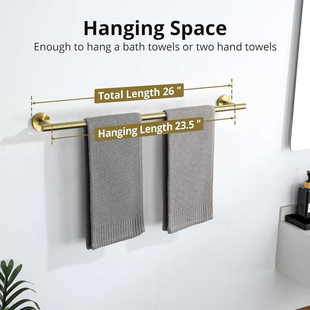 SAYAYO Towel Racks for Bathroom, 24 Inch Towel Bar Brushed Gold, Towel Rod Towel Holder Wall Mount SUS304 Stainless Steel (26 Inch Total Length)