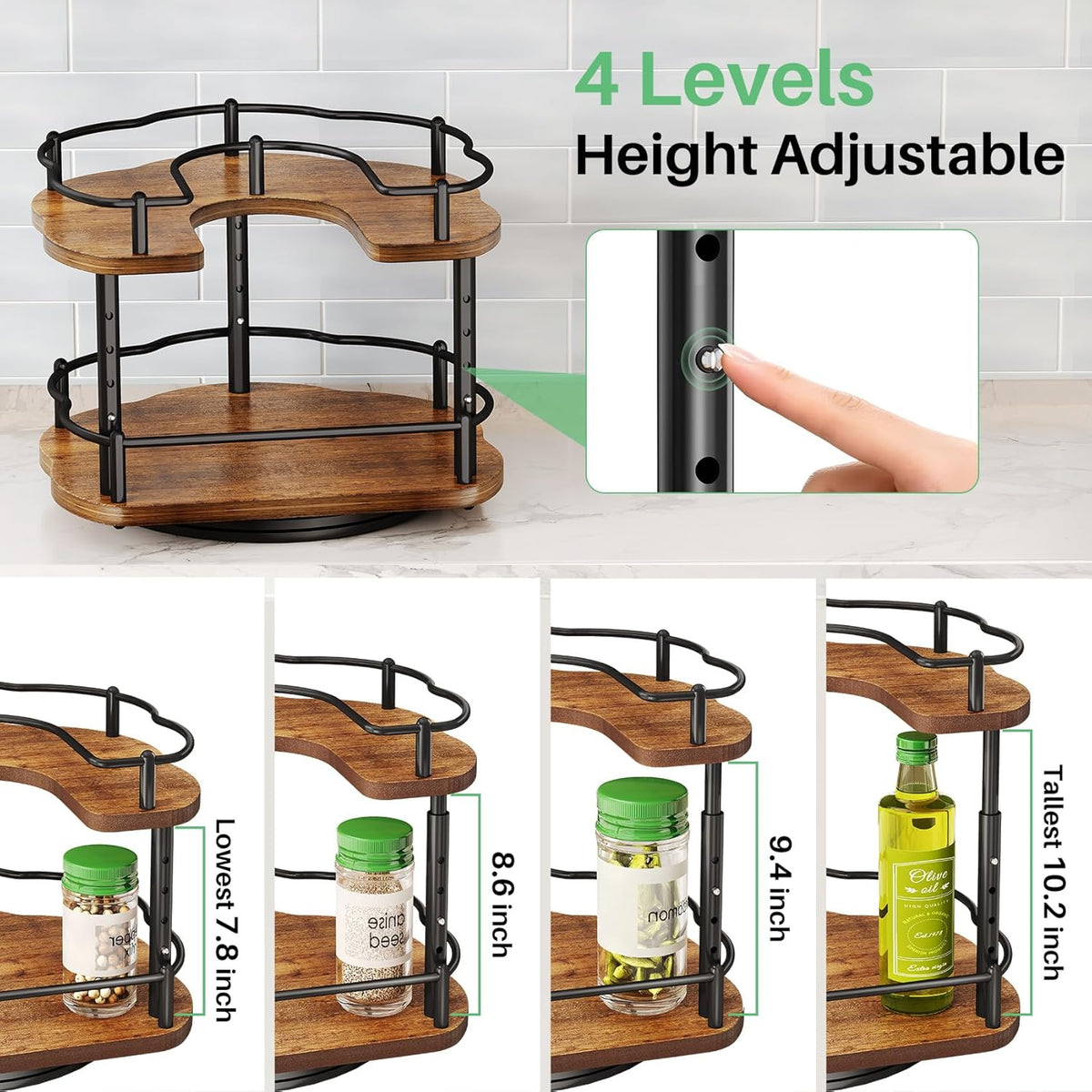 SNTD Spice Rack Organizer for Cabinet - Height Adjustable Rotating Lazy Susan, Wooden Spice Organization for Tabletop, Pantry, or Kitchen Counter, Fits Cabinets Over 11" Wide and 10.3" High