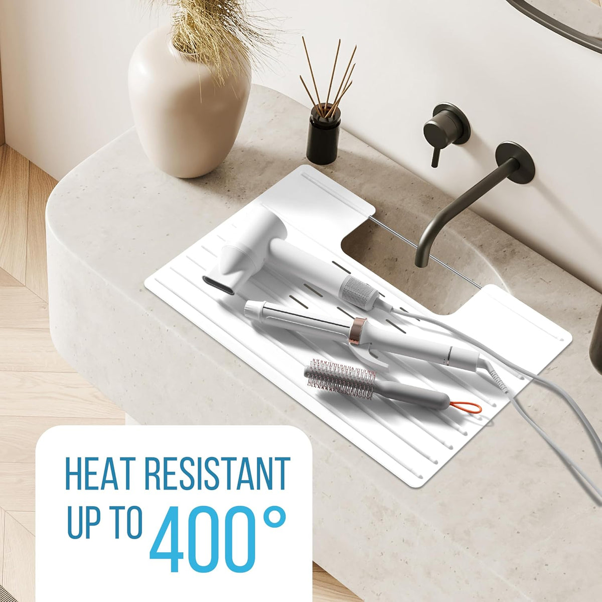 Maplefield Bathroom Sink Cover & Silicone Makeup Mat - White, 22 x 2 x 2 In - Heat Resistant to 400°F - Foldable Roll-Up Design with Raised Ridges - Space-Saving Countertop Mat