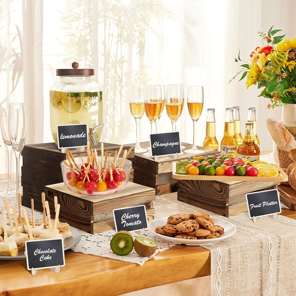 8 Pcs Buffet Risers with Mini Signs, Rustic Wood Cake Stands, Food Risers for Buffet Table, Dessert Display Stand, Wood Crates, Rustic Cake Stand for Party, Wedding, Birthday, Baby Shower, 4 Sizes