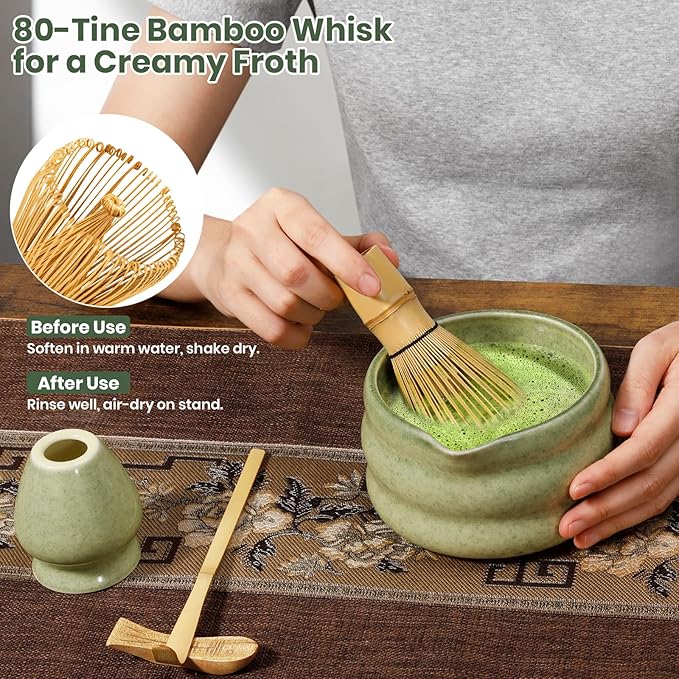 Matcha Whisk Set 7pcs, Japanese Macha Making Kit - 17oz Bowl with Spout, Bamboo Whisk, Chasen Holder, Scoop, Scoop Rest, Stainless Steel Sifter & Towel, Tea Gift Tools for Starter & Enthusiasts, Green