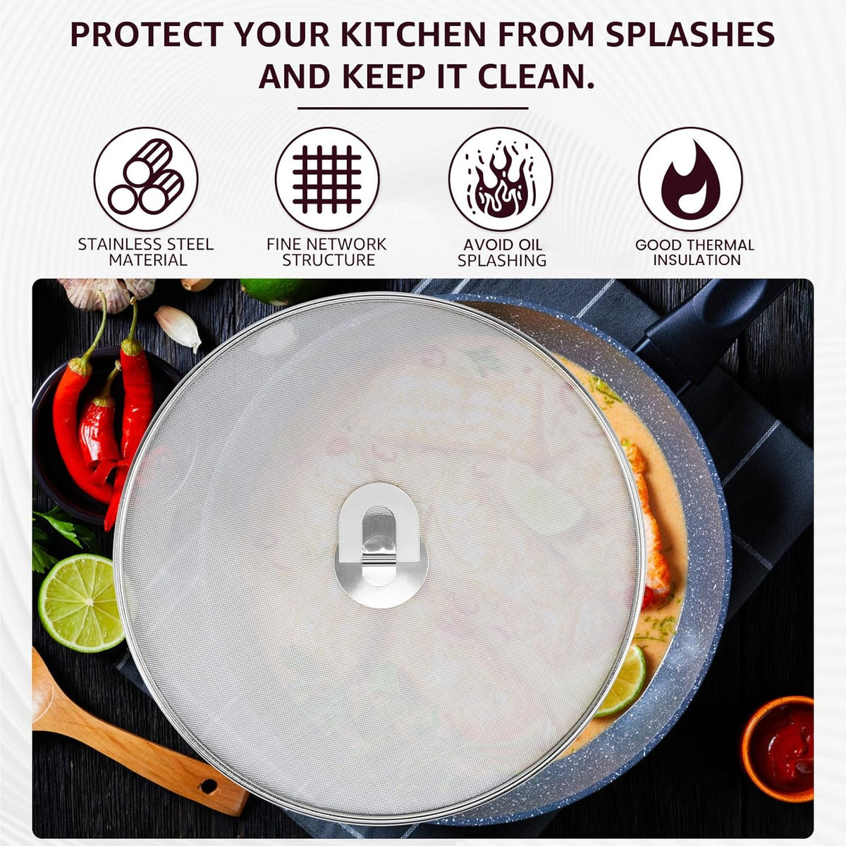 3PCS Stainless Steel Splatter Guard, 9.8" 11.4" 13" Frying Pan Splatter Screens, Fine Mesh Splash Proof Oil Splash Guard with Foldable Handle, Oil Proofing Lids Cooking Protector for Frying Cooking