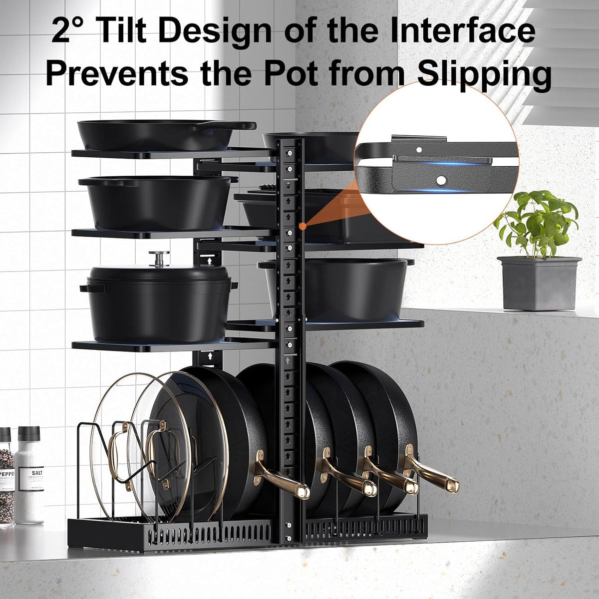 LAMU Pots and Pans Organizer under Cabinet, Pan Pot Organizers inside Cabinet with 6 Shelves and Pot Lid Organizer, Adjustable Height Up to 24", Holds up to 12 Pans Including Cast Iron Pot