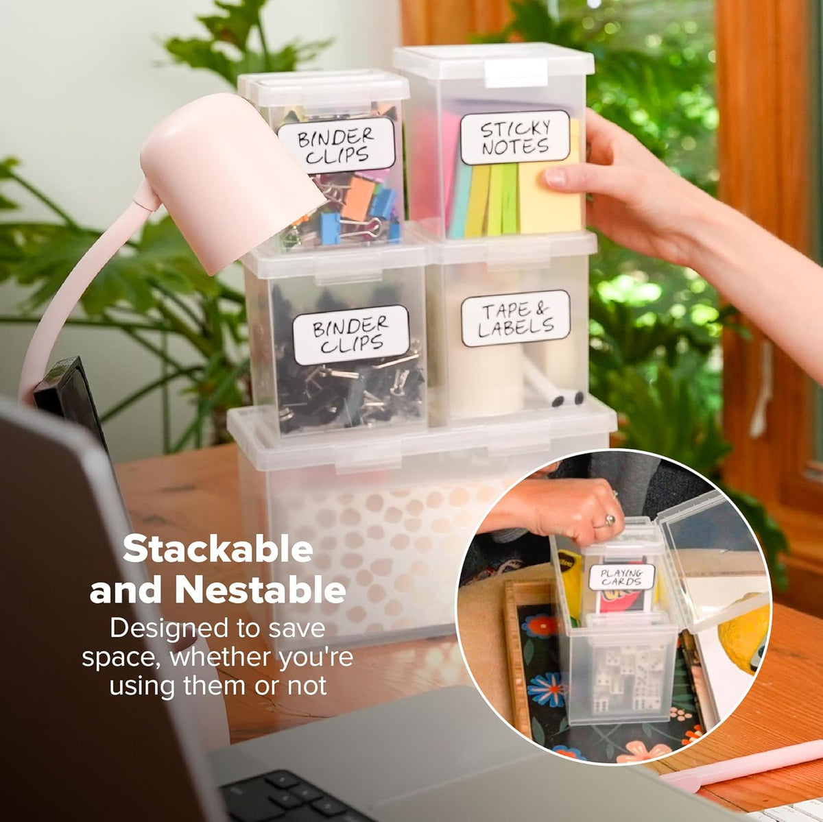 Bostitch Konnect Storage Containers with Lids, Organizer, Clear Plastic Box, Stackable Nesting Bins, 3-Piece Bundle, 1 Large, 2 Medium