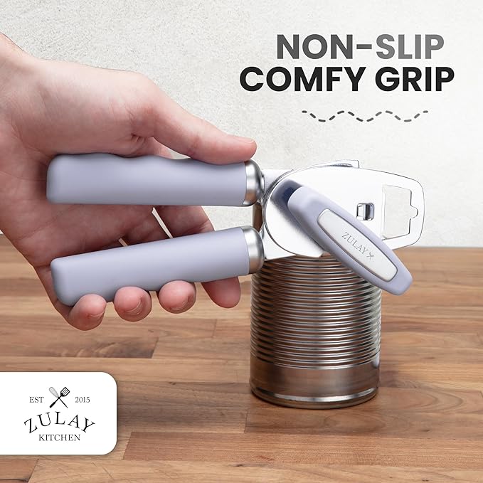 Zulay Kitchen Heavy Duty Stainless Steel Can Opener Manual with Bottle Opener - Rust Proof Manual Can Opener With Turn Knob & Comfy Soft Grip Handles - Light Lilac
