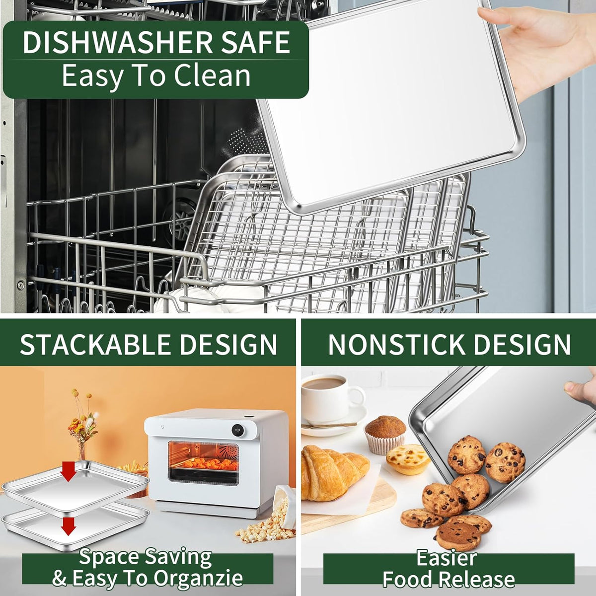 Small Baking Sheet with Cooling Rack Set [2 Baking Pans + 2 Wire Racks], CEKEE Stainless Steel Cookie Sheets for Baking, Heavy Duty & Dishwasher Safe Baking Sheets for Oven, Size 9 x 7 x 1 Inch