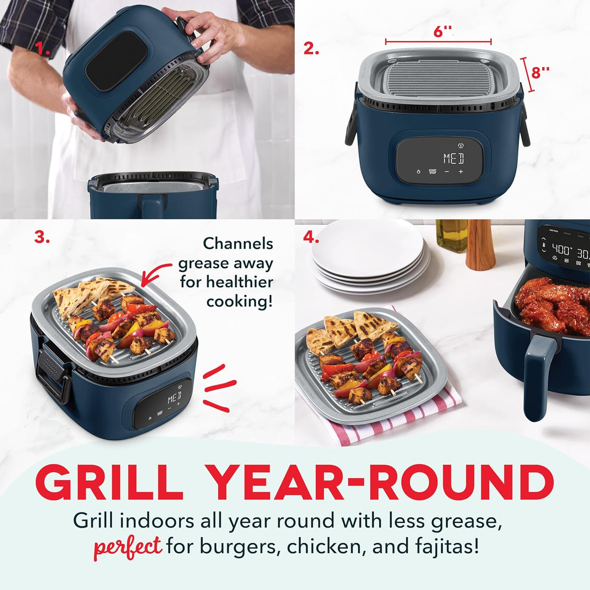 Dash Flip & Fry™ Digital 2-in-1 Grill + Air Fryer with 4 functions, 3 Qt Capacity, Air fryer & Indoor Grill for fries, wings, burgers and more - Navy