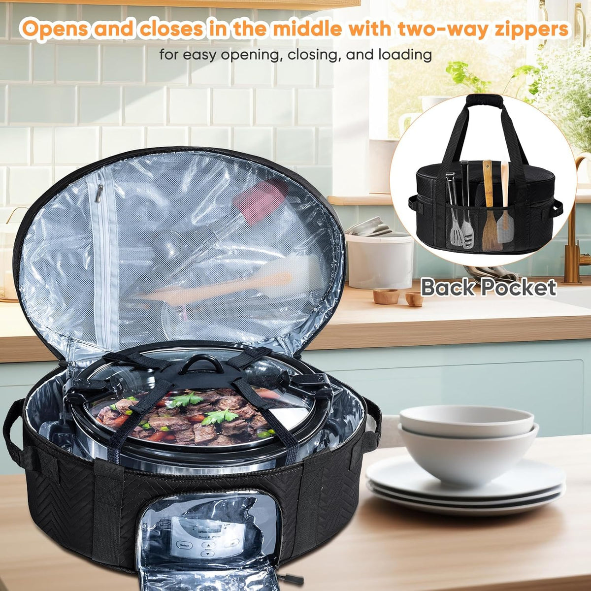 Insulated Slow Cooker Carrying Bag for 6-8 Quart CrockPot and Hamilton Beach Slow Cooker with See-thought Window, Portable Carrier Case with Adjustable Band and Accessory Pocket