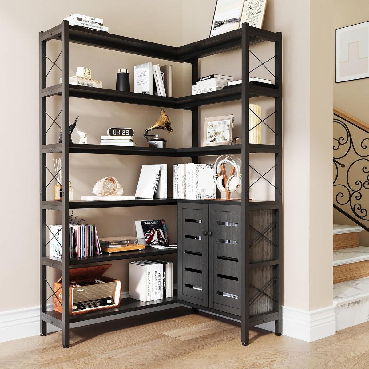 6-Shelf Corner Bookshelf, Vintage Industrial Corner Shelf Etagere Bookcase, Large Book Shelf with Metal Frame Open Storage Corner Cabinet (Black-Lockers)
