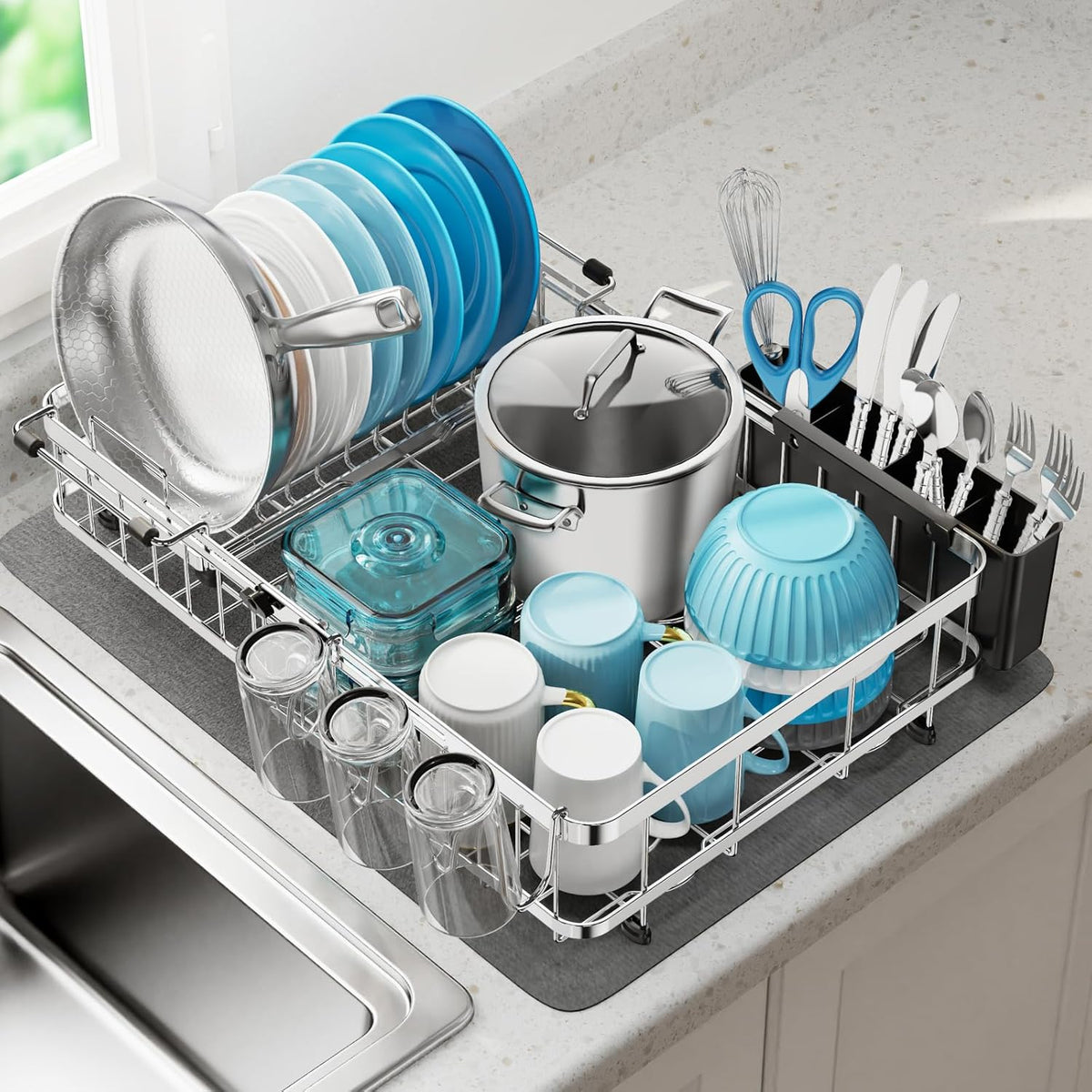GSlife Large 2-in-1 Dish Drying Rack Set - Expandable Stainless Steel Dish Racks for Kitchen Counter & Sink, Full Size Dish Drainer with Absorbent Drying Mat Cup Holder, 16.5"-21.5" L x 15" W, Silver