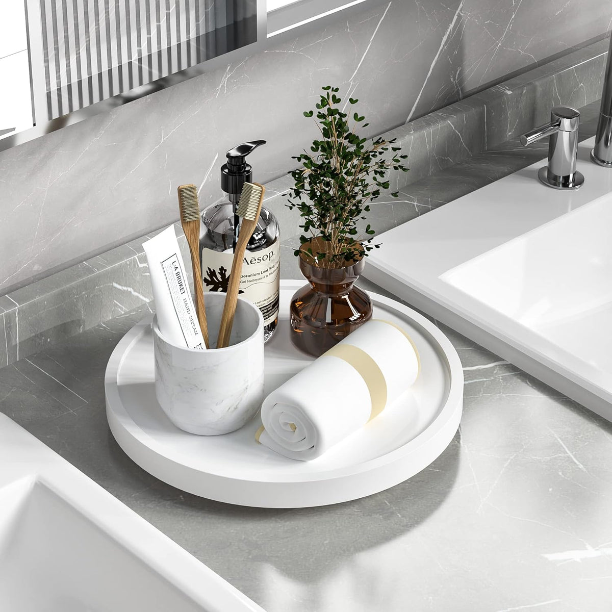 Turntable Vanity Tray 10 Inch for Perfume Candle, Bamboo Kitchen Sink Countertop Organizer for Keep Glass, Sponge and Soap Bathroom Countertop Organizer White
