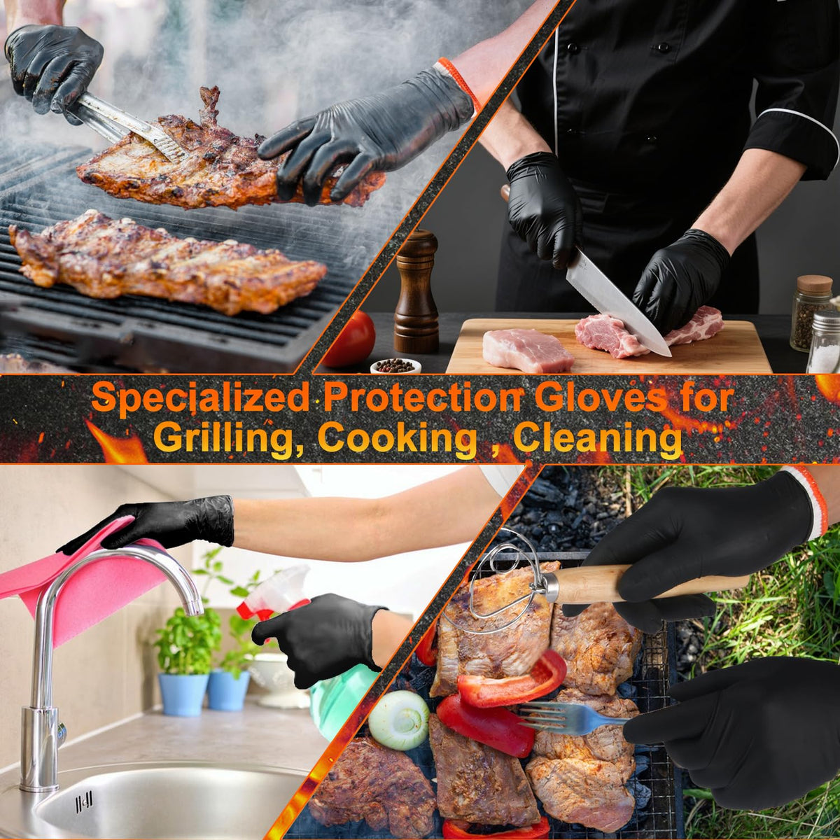 BBQ Gloves for Cooking Baking Grilling, 100 Count Disposable Nitrile Gloves and 4 Count Cotton Glove Liners Washable (6mil Nitrile, Large)