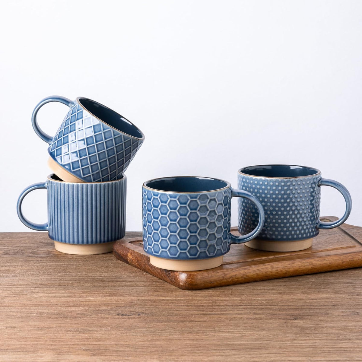 GBHOME 15OZ Stackable Coffee Mugs, Ceramic Coffee Cups with Texture Patterns for Man,Woman,Dad,Mom, Modern Coffee Mugs Set of 4 for Latte/Cappuccino/Cocoa. Dishwasher&Microwave Safe, Blue