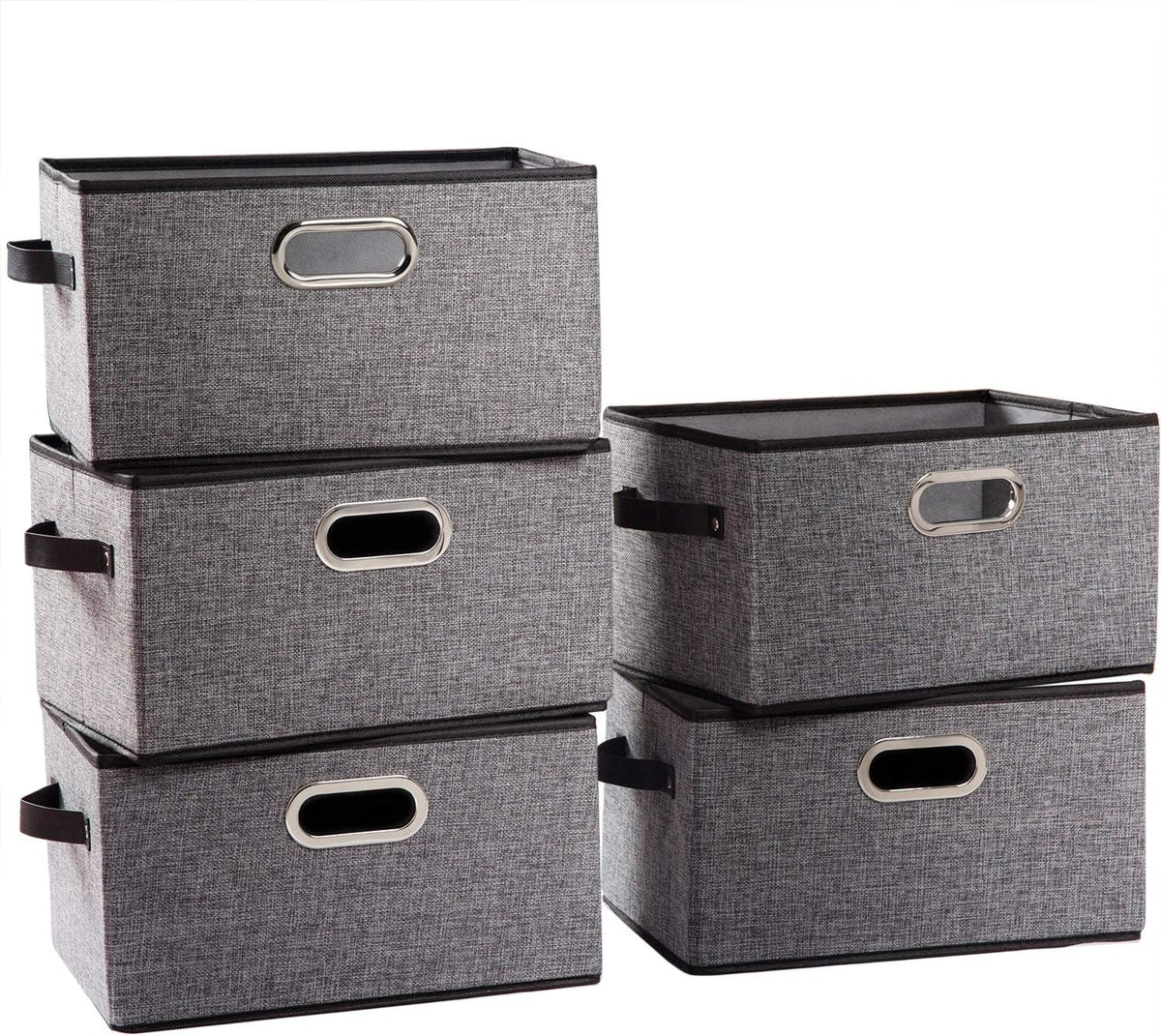 PRANDOM Large Collapsible Storage Baskets for Closet [5-pack] Decorative Fabric Storage Bins Cubes with Leather/Metal Handles for Shelves Bedroom Living Room Grey (14.9x9.8x8.3 Inch)