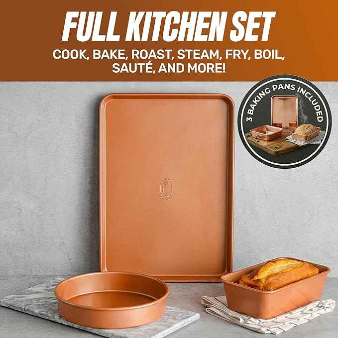 GOTHAM STEEL 20 Pc Ceramic Cookware Set, Copper Pots and Pans Set Non Stick with Bakeware, Cooking Utensils, and Steamer, Oven and Dishwasher Safe