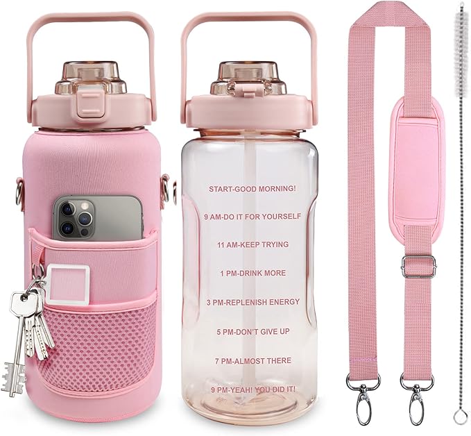 Half Gallon Water Bottle with Sleeve, 64OZ Motivational Water Bottle with Straw & Time Marker, BPA Free Leakproof Gym for Sport Workout