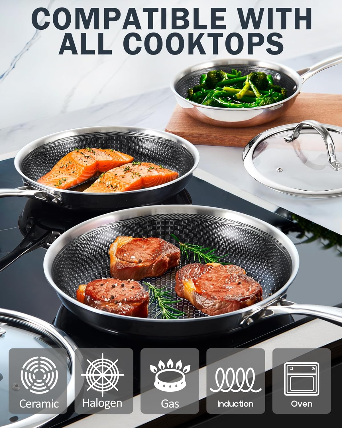 Cooks Standard Hybrid Nonstick Frying Pan Set, 10 and 12-Inch Multi-Ply Clad Stainless Steel 2 Piece Skillet with Tempered Glass Lids, Oven Safe, Compatible with All Stovetops