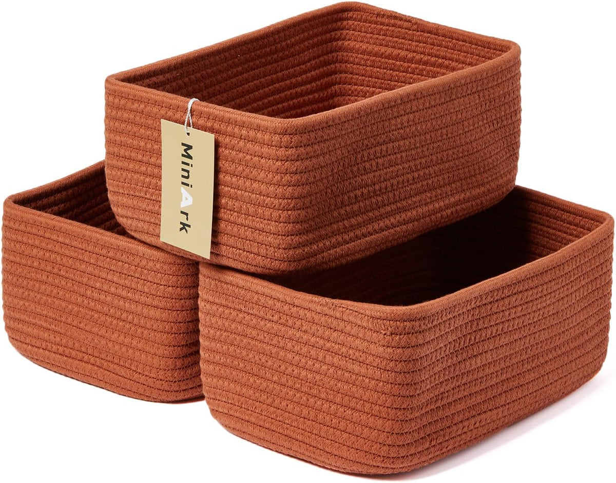 Small Storage Baskets for Organizing | Closet Organizer Bins | Shelf Toy Basket | Woven Rope Baskets | Cube Decorative Box | Shallow Basket | 11.5x7.5x4.7” | 3 Packs Oxide Red
