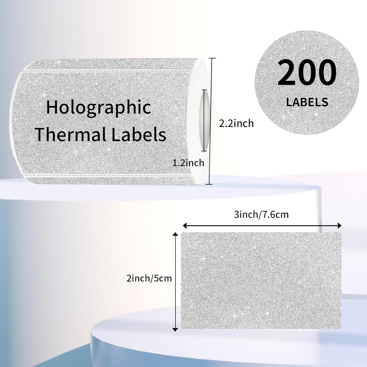 3x2 Inch Holographic Thermal Labels, Shiny Silver Thermal Sticker Labels, Rainbow Glitter Stickers for Price, Barcode, Mailing, Name, DIY Custom Logo Design, 200 pcs/1 Roll