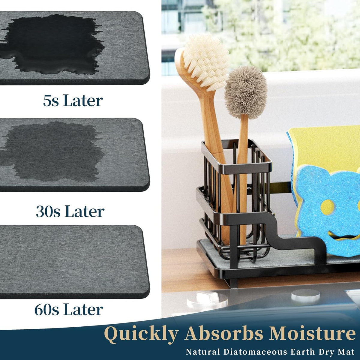 Consumest Sponge Holder for Kitchen Sink - Sink Caddy Organizer with Water Absorbing Stone Tray, Detachable Brush Holder, Stainless Steel Kitchen Counter Organizer Rack, Black