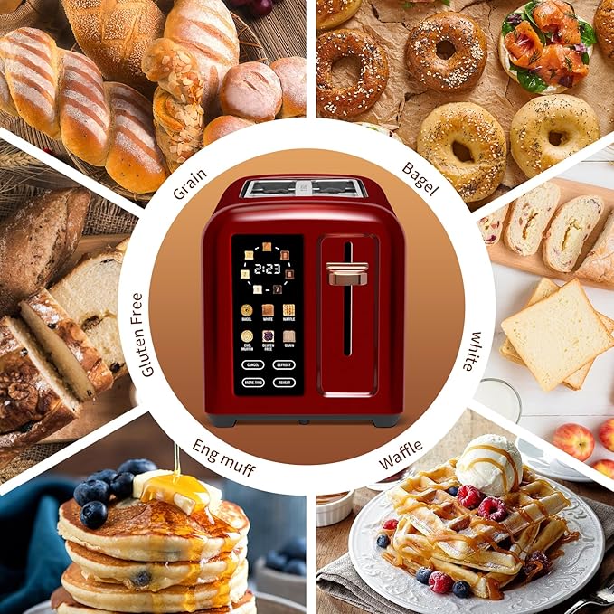 SEEDEEM Toaster 2 Slice, Touch Control Stainless Toaster LCD Display, 50% Faster Heating Speed, 1.4'' Wide Slots, More Timer Functions, Removable Crumb Tray, 1350W, Dark Cherry