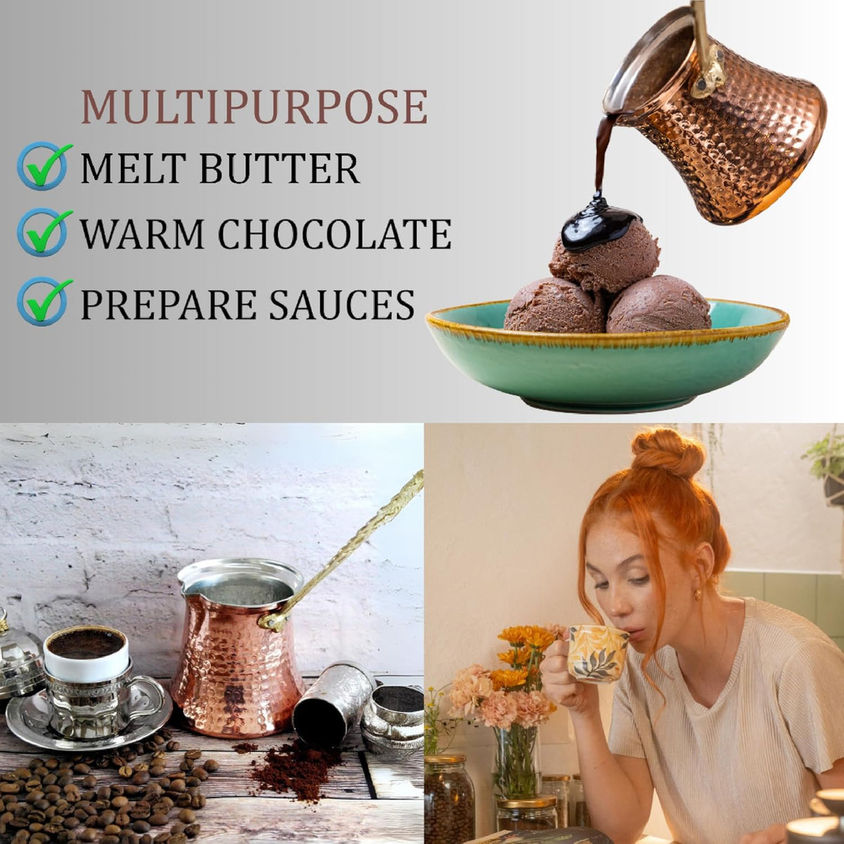 Hakan Turkish Coffee Pot | Stove Top Water Boiler, Coffee Maker, Butter, Chocolate & Milk Warmer | Even and Quick Heat with Handcrafted Copper Material | Coffee Gifts Idea, 10.5 Oz (310 cc)