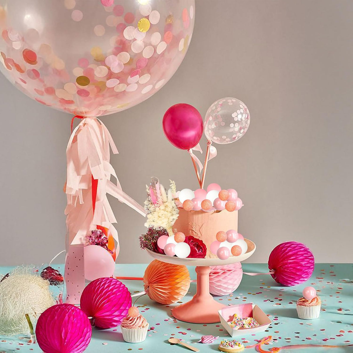 Gyufise 21 Pack Flower Boho Cake Topper Ball Cake Decorations Palm Leaves Plants Cake Decor for Girl Bohemian Princess Theme Wedding Baby Shower Birthday Party Supplies Pink White