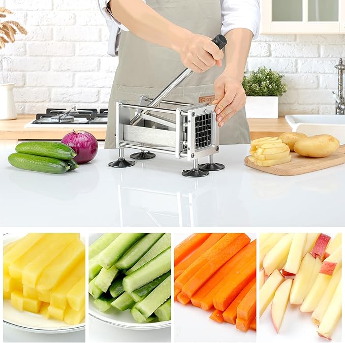 French Fry Cutter, Professional Potato Cutter Slicer, Stainless Steel Blades with 1/2 Inch & 3/8 Inch Blade, Great for Potatoes Carrots Cucumbers