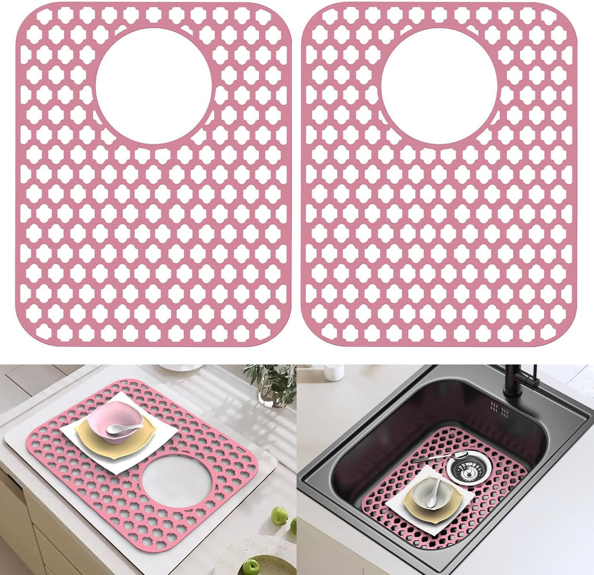 2 Pack Silicone Sink Protector for Kitchen Sink Bathroom, 13.58"x 11.6" Sink Mat Non-Slip and Durable Silicone Protectors, Rear Drain, Pink