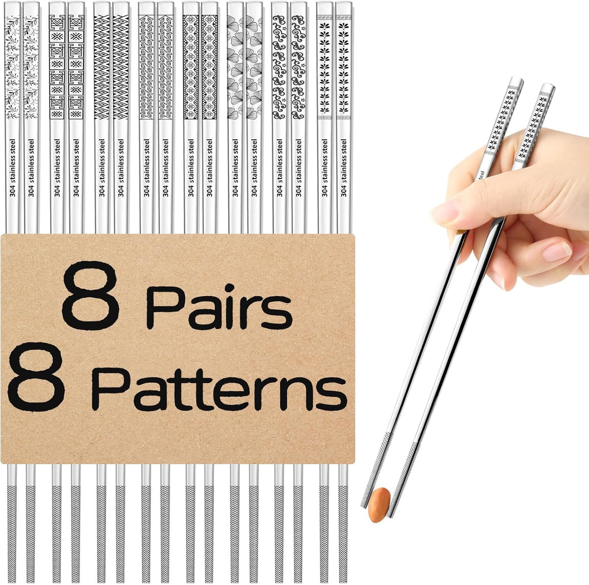 8 Pairs Metal Chopsticks Reusable 18/8 Stainless Steel Chopsticks Set Cute Laser Engraved Non-slip Japanese Korean Chinese Chopstick for Cooking Eating Dishwasher Safe 9.25" Chop Sticks Gift Set