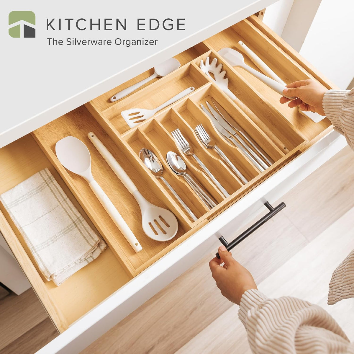 KitchenEdge Premium Silverware, Flatware and Utensil Organizer for Kitchen Drawers, Food-Safe Contract Grade, Expandable from 14 to 25 In, Natural Bamboo