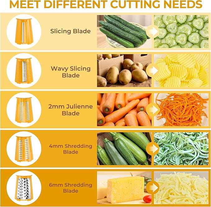 SUSTEAS Rotary Cheese Grater with Handle - Vegetable Shredder with 5 Well-designed Blades & Strong Suction Base,Round Mandoline Slicer & Food Chopper for Kitchen,with Blade Storage Box(Yellow)