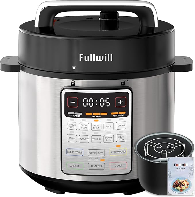 Fullwill 6QT Electric Pressure Cooker, 9-in-1 Multi-Use Programmable Pressure Cooker with Slow Cook, Rice Cook, Steamer, Sauté, Yogurt Maker, Food Warmer, 12+ Safety Features & Ceramic Non-Stick Pot