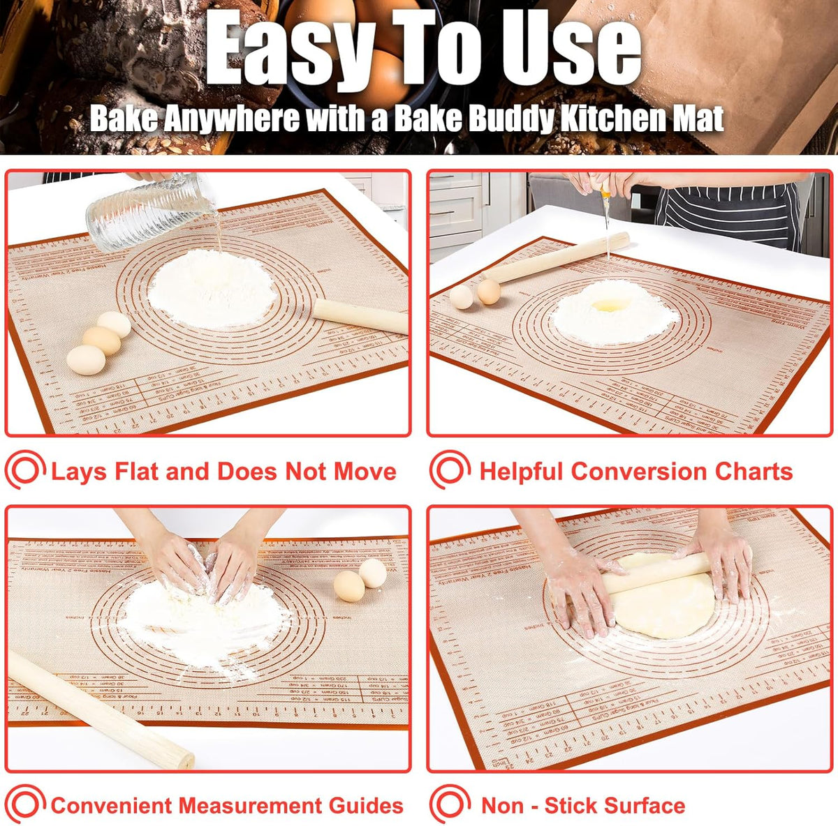 Silicone Pastry Mat 34X26 Inch Nonstick Baking Mat with Measurement, Perfect for Dough Mat, Pastry Board, Kitchen Counter Mat, For Dough, Pie Crust, Fondant, Pasta/Pizza, Red