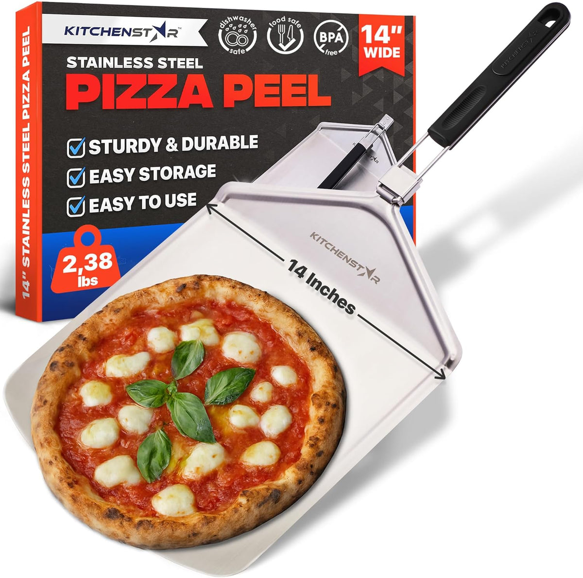 KitchenStar Stainless Steel Pizza Peel 14 inch with 10 inch Folding Handle, Large - Spatula Paddle for Effortless Pizza Transfer & Easy Storrage - Outdoor Pizza Oven Accessories