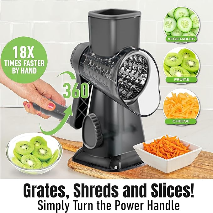 Cheese Grater Hand Crank Rotary Vegetables Shredder with Handle, 3-in-1 Graters with Interchangeable Blades and Strong Suction Base Multifunctional Slicer for Kitchen