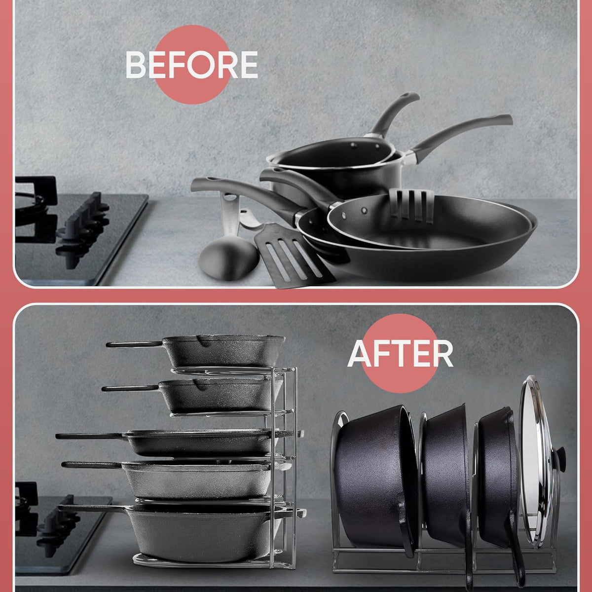 Heavy-Duty Pots and Pans Organizer | 5-Tier Cookware & Lid Storage Rack | Free-Standing or Wall-Mount | Kitchen Organizer for Cast Iron Skillets, Pots, Frying Pans, Lids | Chrome