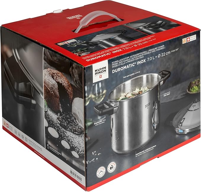 Kuhn Rikon DUROMATIC® 7.0L Stovetop Pressure Cooker – 22cm, Swiss Made – 18/10 Stainless Steel, Energy Efficient, Safe Locking Lid, Works on Induction & All Stovetops, Includes Trivet & Cookbook